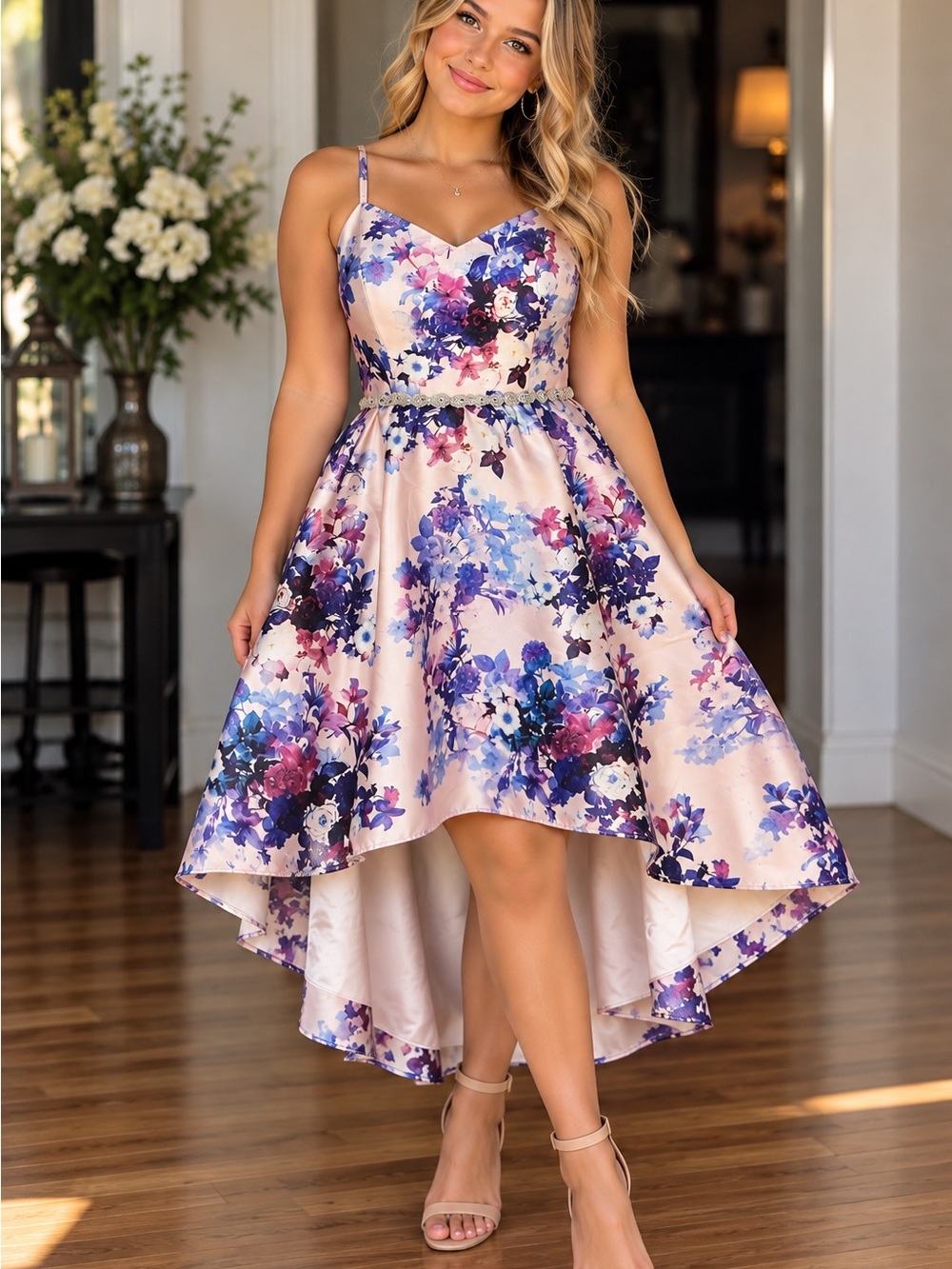 Rare Editions Pink Floral High-Low Spaghetti Strap Dress